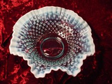 Vintage pre-logo Fenton Blue / Turquoise hobnail opalescent ruffled 11