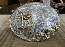MONTANA SILVERSMITHS SILVER & GOLD HORSE OVAL BELT BUCKLE $140 picture