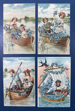 4 Children Greetings Antique Postcards. EMB. In Boats w Flowers. Colorful & nice picture