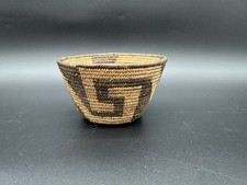 Vintage Hand Coiled Geometric Basket Black & Tan Woven Fiber Bowl 4” Estate Find picture