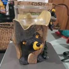 Bearfoots Burnsy&Son Black Bear in Tree Trunk Candle Holder Cup 6.5