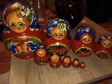 Vintage Hand-Painted 9-Piece Russian Matryoshka Nesting Dolls - Floral Bird Art picture