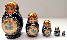 VTG Russian Matryoshka 5 PC Nesting Dolls Hand Painted Blue Gold Gilded, Signed picture