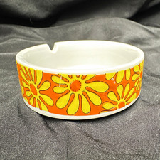 Vintage Floral Art Pottery Ceramic Ashtray Round White Orange Yellow Japan picture