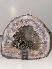 Vintage 1983 Currier Light Amethyst Color Crystal Geode w/ Pewter Miner W/Pyrite picture