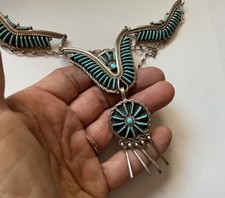 Navajo ZUNI Turquoise Needle Point Necklace Signed SB Sterling picture