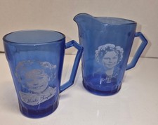 Shirley Temple Blue Pitcher with Matching Glass Vintage Gold Medal Foods Premium picture