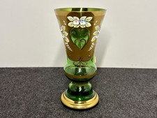 Vintage Czech Bohemian Green Glass & Gold Enamel Painted Floral Vase 8.25 Inches picture