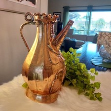 VTG Hand forged Copper Pitcher w Ornate Handle Decorative Collectible Metalware picture