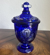 VTG Bohemian Lidded Footed Candy Dish Bowl 7.8 in Crystal Cut Floral Cobalt Blue picture