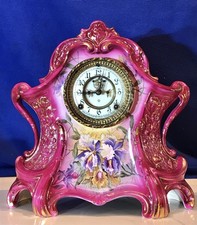 1882 ANTIQUE ANSONIA PORCELAIN STRIKE CLOCK,1755 GERMAN ROYALBONN PORCELAIN CASE picture