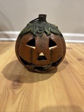 Vintage Cast Iron Jack-O-Lantern Halloween 2 Sided Pumpkin Hole  7” picture