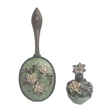 Vintage Argento SC Augusta Hand Mirror & Perfume Bottle Floral Enamel Vanity Set picture