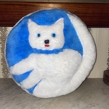 Eclectic 1960 Vintage Circular Pillow Blue White 2D Cat Marble Like Eyes Kitschy picture