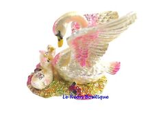 Bejeweled  Swan mom & babies Hinged Metal Enameled Rhinestone Trinket Box picture