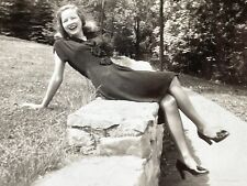 PC Photograph Beautiful Sexy Woman Sitting On Stone Wall Laughing Smiling 1940's picture