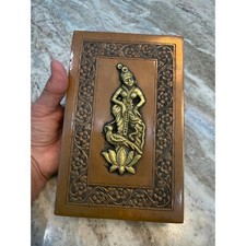 Vintage Copper Brass Hindu Deity Trinket Box Repousse Floral Jewelry Case picture