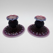 2 Gorgeous RARE Antique Fenton Plum Opalescent/Hobnail Art Glass Candlesticks picture