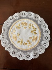 Exquisite Antique Royal Silk Society Hand Emb Roses 9” Doily & w/Lace Trim picture