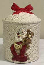Gibson Weave Design Ceramic Bow Red Santa Bear Christmas Holiday Cookie Jar Lid picture