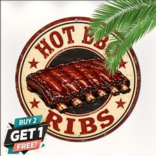 Smoked BBQ Ribs Grill Master Kitchen Dinning Round Metal Tin Sign Wall Plaque picture
