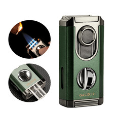 Galiner Travel 3 Jet Flame Torch Cigar Lighter Stainless V-Cutter Green Holder picture