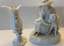 Antique 2pc SamAlcock Parian Porcelain Victorian Lady Bloodhound/vase C1800s 19c picture