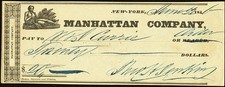 NY $20 The MANHATTAN Company New York March 22, 1846 bank check picture