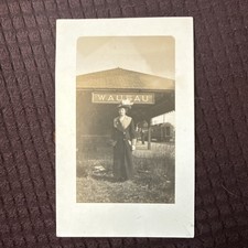 Antique RPPC Wausau Wisconsin Railroad Depot Woman Train Real Photo Postcard picture