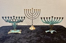 Vintage Israeli Menorah Trio – Verdigris Patina – Mid‑Century Judaica LOT picture