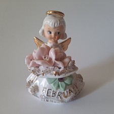 Vintage Lefton #489 Angel of The Month February Violet Flower Girl Figurine  picture