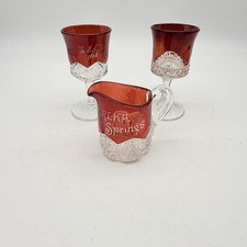 Nice Group  3  Antique  Ruby Flash  Souvenir Creamer & Mini Wine Glasses picture