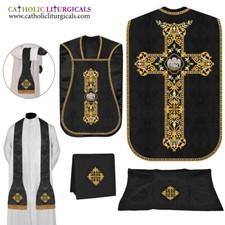 Black Roman Chasuble Fiddleback Vestment and Mass set, Pelican embroidery picture