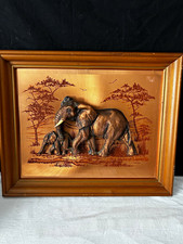 Vintage John Louw Signed 3D Copper Art African Elephant & Baby Savanna Framed picture