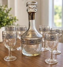 Vintage Culver Sorrento Decanter & 6 Stem Glasses Blue Silver MCM 1960s Barware picture