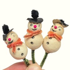 Vintage Spun Cotton Snowman Picks Trio Mid Century Japan Christmas collectibles picture