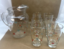 VTG MCM Pink & Turquoise Gold Rim Floral Bar Ware Libbey 6 Glasses & Pitcher picture