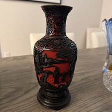 Vintage Chinese Black on Red Cinnebar carved Vase, Blue inside Enamel picture