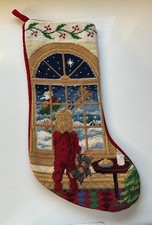 Beautiful Vtg. Handmade Needlepoint Stocking Velvet Back Santa/Girl/Teddy Bear  picture