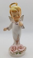 Rare Vintage Lefton BOY Angel Figurine #2082 Pink Roses Gold Japan picture