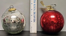2 Kugel Style Cracked Glass Heavy Weight Christmas Ornaments Mirror Silver & Red picture