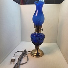 Cobalt Blue Electric Kerosene Lamp with Chimney WORKS NOS Open Box Vintage picture