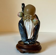 Vintage Chinese God of Longevity Mudman Clay Figurine Shou Xing Blue Glaze 4.5” picture