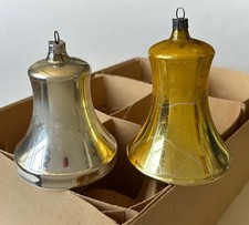 Set of 2 West German Glass Bells Silver Gold w Clappers, 3.5-4 inches picture