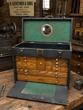 Vintage H. Gerstner & Sons Machinist Tool Chest 11 Drawer Oak Ohio Leather Wrap picture