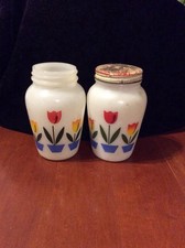VTG  Fire King Anchor Hocking Tulips Salt And Pepper Shakers w/Original lids 50s picture