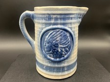 Vintage Indian Chief Blue Salt Glaze Stoneware Pitcher 8” Tall Hefty In Weight picture
