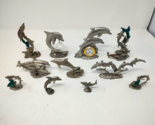 Spoontiques Pewter Dolphin Figurines Lot with Pewter Dolphin Desk Clock picture