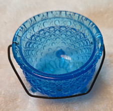 Vintage Fenton Blue Glass Daisy and Button 3 Footed Cauldron Toothpick Bowl Pot picture