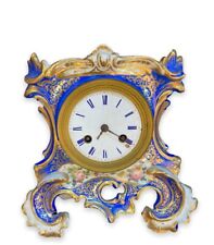 Antique Borne Pendulum Clock Desk In Paris Porcelain Flowers Pink Blue Rare 19th picture